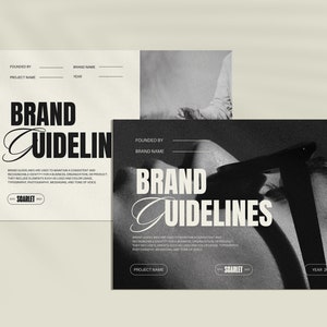 May include: Black and white brand guidelines document with the text "Brand Guidelines" and the company name "SCARLET". The document features a black and white photo of a person's eye with a shadow.