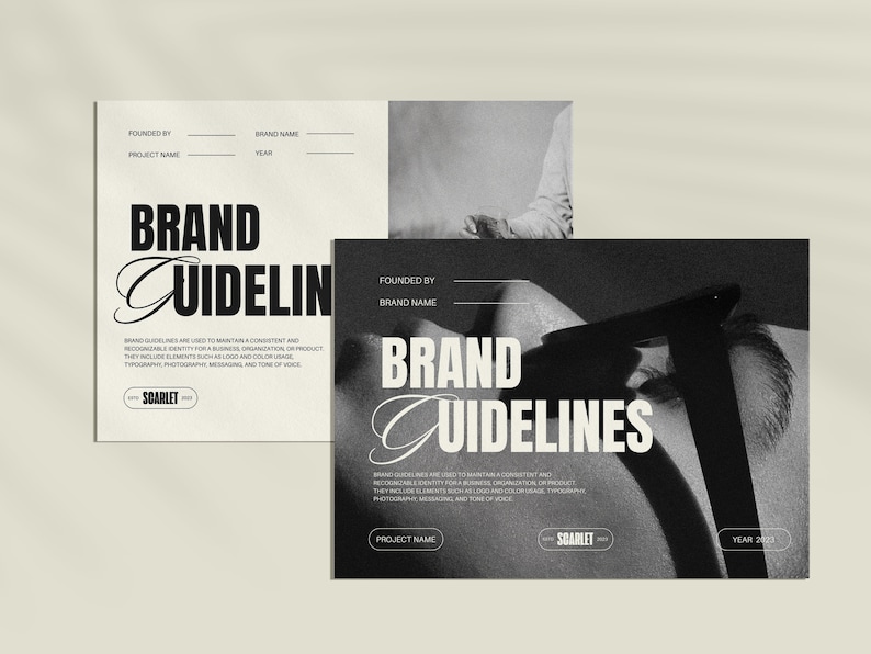 May include: Black and white brand guidelines document with the text "Brand Guidelines" and the company name "SCARLET". The document features a black and white photo of a person's eye with a shadow.
