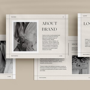 May include: A black and white image of a fashion brand's logo mark, "ue." The logo is set against a light beige background with a grid pattern. The text "LOGO MARK" is above the logo. The text "Brand Guidelines" is below the logo.