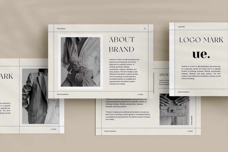 May include: A black and white image of a fashion brand's logo mark, "ue." The logo is set against a light beige background with a grid pattern. The text "LOGO MARK" is above the logo. The text "Brand Guidelines" is below the logo.