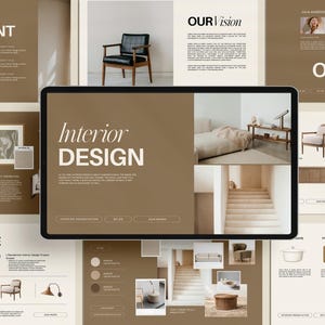 Plantilla de Canva para presentación de diseño de interiores editable / Guía del cliente, panel de ideas y portafolio / Plantillas personalizables para diseñadores de interiores