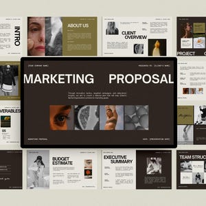 Könnte beinhalten: Eine digitale Marketing-Präsentation auf einem Tablet. Die Präsentation hat einen dunkelbraunen Hintergrund mit weißem Text und Bildern. Der Titel "MARKETING PROPOSAL" wird angezeigt. Weitere Folien sind "MARKET INSIGHTS" und "CLIENT OVERVIEW".