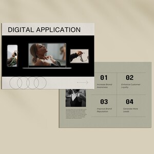 May include: A digital marketing presentation with a green background and four sections. Each section has a number, a title, and a brief description. The titles are "Increase Brand Awareness", "Enhance Customer Loyalty", "Improve Brand Reputation", and "Generate More Leads".