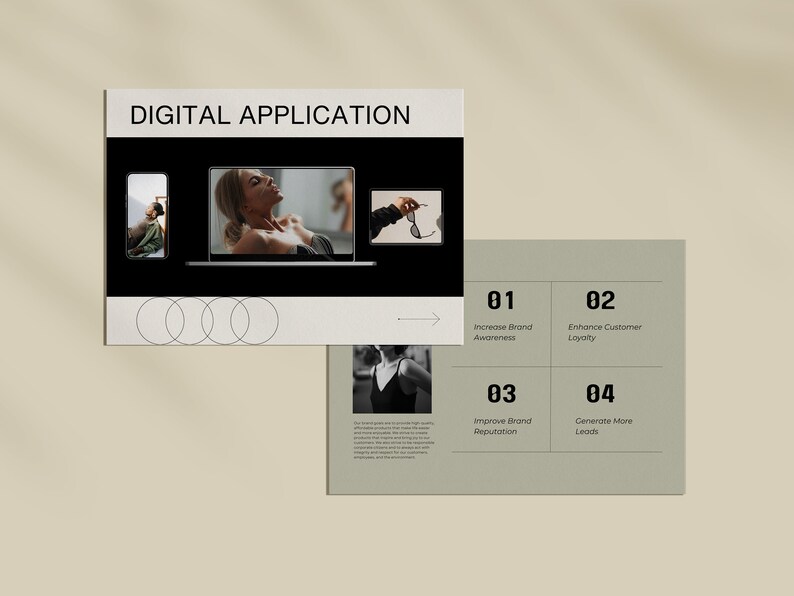 May include: A digital marketing presentation with a green background and four sections. Each section has a number, a title, and a brief description. The titles are "Increase Brand Awareness", "Enhance Customer Loyalty", "Improve Brand Reputation", and "Generate More Leads".