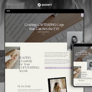 Puede incluir: Un diseño de sitio web para servicios de redacción. El diseño se muestra en una computadora de escritorio y un teléfono inteligente. El texto incluye "Crafting CAPTIVATING Copy that Catches the EYE" y "BLAZING Creativity for Your COPYWRITING Needs."