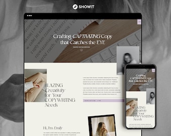 Peut inclure: Une maquette de site web pour des services de rédaction. Le design est affiché sur un ordinateur de bureau et un smartphone. Le texte comprend "Crafting CAPTIVATING Copy that Catches the EYE" et "BLAZING Creativity for Your COPYWRITING Needs."