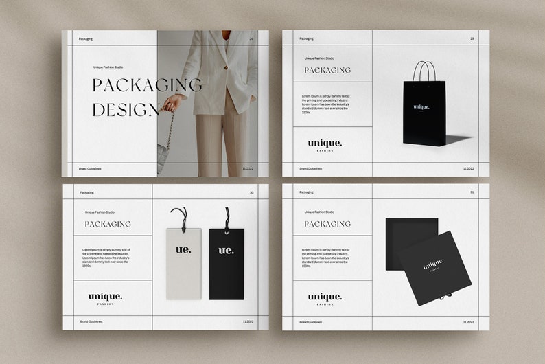 May include: A branding guide for a fashion company called "Unique Fashion Studio". The guide includes a black and white logo with the text "unique. fashion" and images of packaging designs, including a black shopping bag, a black box, and two black and white tags with the text "ue."