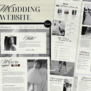 May include: A black and white website design for a wedding photographer. The website features a photo of a bride and groom, a section on wedding day tips, and a section on frequently asked questions.