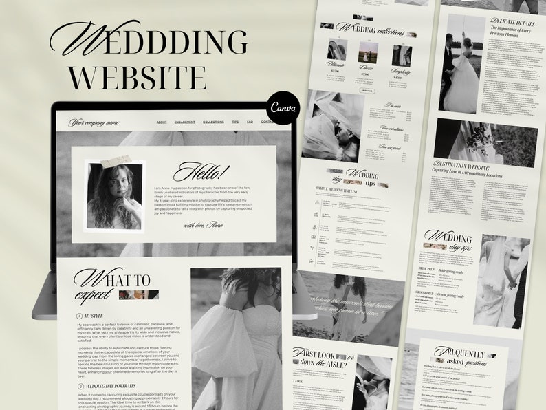 May include: A black and white website design for a wedding photographer. The website features a photo of a bride and groom, a section on wedding day tips, and a section on frequently asked questions.