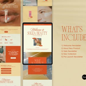 以下が含まれることがあります： 美容ブランド、ソレアビューティーのウェブサイトのスクリーンショット。 ウェブサイトには、歓迎メッセージと、ウェブサイトに含まれるもののリストが表示されています。 ウェブサイトは、レトロな美学を持つピンクとオレンジの配色を採用しています。 ウェブサイトのテキストには、「ソレアビューティーへようこそ」と「何が含まれていますか？」が表示され、リストには「ウェルカムニュースレター」、「新製品について」、「セールニュースレター」、「新コレクション」、「プレローンチニュースレター」が含まれています。