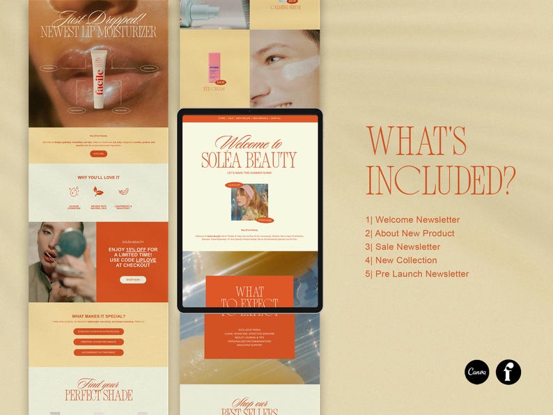 以下が含まれることがあります： 美容ブランド、ソレアビューティーのウェブサイトのスクリーンショット。 ウェブサイトには、歓迎メッセージと、ウェブサイトに含まれるもののリストが表示されています。 ウェブサイトは、レトロな美学を持つピンクとオレンジの配色を採用しています。 ウェブサイトのテキストには、「ソレアビューティーへようこそ」と「何が含まれていますか？」が表示され、リストには「ウェルカムニュースレター」、「新製品について」、「セールニュースレター」、「新コレクション」、「プレローンチニュースレター」が含まれています。