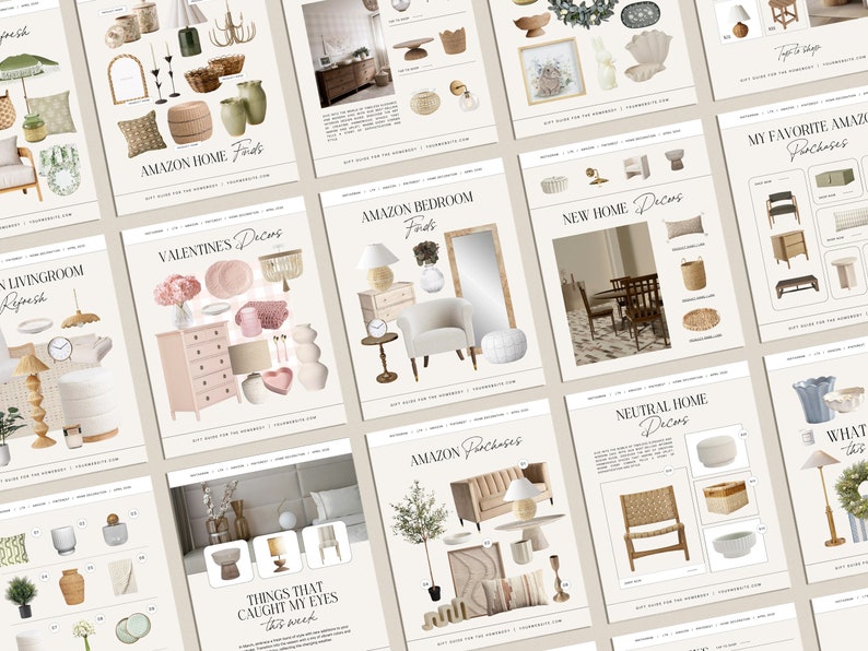 May include: A collage of images showcasing home decor items, including lamps, mirrors, chairs, and tables. The images are categorised as "Amazon Home Finds", "Valentine's Decor", "Amazon Bedroom Finds", "New Home Decor", "Amazon Purchases", "Neutral Home Decor", and "Things That Caught My Eyes This Week".