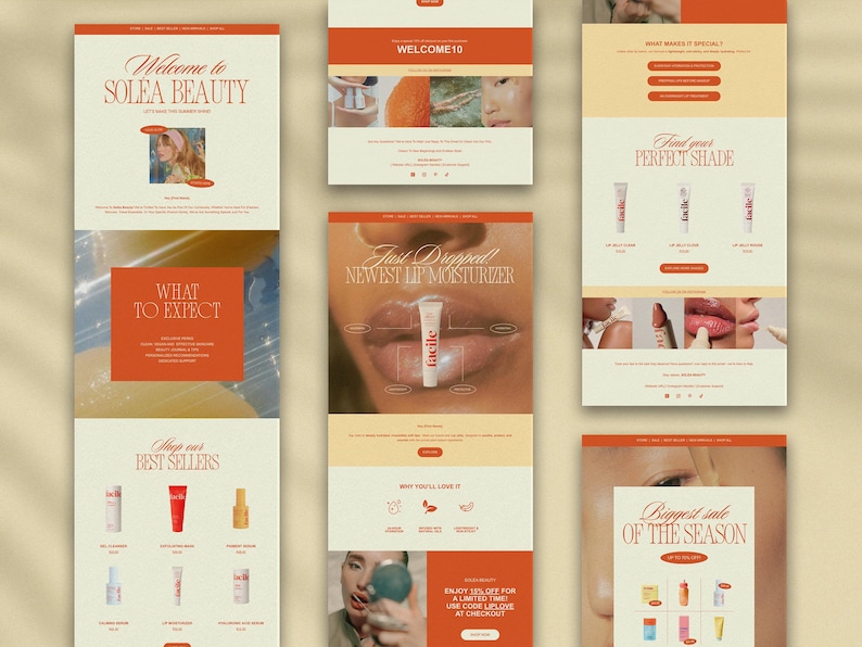 Email templates for Flodesk with matching Canva graphics, designed for skincare and beauty brands. Includes welcome, sale, and launch emails.