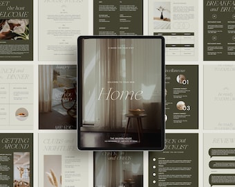 May include: A digital guide for a new home stay with a welcome message, "Welcome to your new home", and a photo of a window with curtains. The guide includes sections for house rules, getting around, clubs and nightlife, lunch and dinner, breakfast and brunch, check out checklist, and miscellaneous.