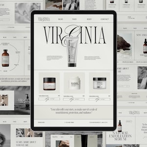 Könnte beinhalten: Eine Website-Startseite für eine Hautpflegemarke namens "VIRGINIA". Die Website hat ein minimalistisches Design mit schwarzem Text auf weißem Hintergrund. Die Startseite enthält einen Bereich für neue Produkte, einen Bereich für Gesichts- und Körperpflege und einen Bereich, um mehr über die Marke zu erfahren.