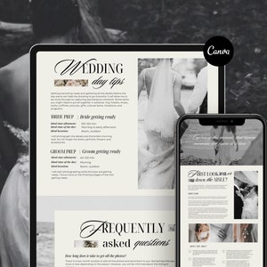 May include: A black and white image of a wedding planning guide with the text "Wedding Day Tips" and "Frequently Asked Questions". The guide includes information about the bride and groom getting ready, the first look, and the ceremony.