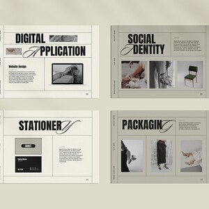 May include: A four-page brochure with a minimalist design. The brochure features a black and white color scheme with a bold font. The pages are titled "Digital Application", "Social Identity", "Stationery", and "Packaging". Each page includes images and text.