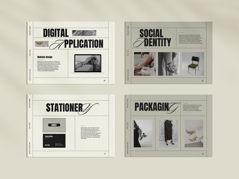 May include: A four-page brochure with a minimalist design. The brochure features a black and white color scheme with a bold font. The pages are titled "Digital Application", "Social Identity", "Stationery", and "Packaging". Each page includes images and text.