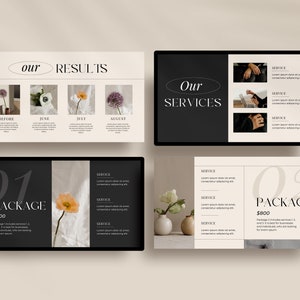 May include: Four black and white images with text that reads "our results" and "our services". The images show a before and after of a flower arrangement. The images are on a white background. Two black and white images with text that reads "package 1 $500" and "package 2 $800". The images show a flower arrangement and a person's hands. The images are on a white background.