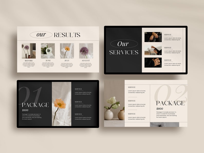 May include: Four black and white images with text that reads "our results" and "our services". The images show a before and after of a flower arrangement. The images are on a white background. Two black and white images with text that reads "package 1 $500" and "package 2 $800". The images show a flower arrangement and a person's hands. The images are on a white background.