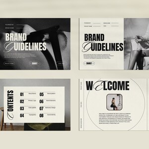 May include: A black and white brand guideline document with the title "Brand Guidelines" and a table of contents listing topics such as "About Brand", "Primary Logo", "Color Palette", "Typography", "Brand Pattern", "Brand Elements", "Stationery Design", and "Social Identity".