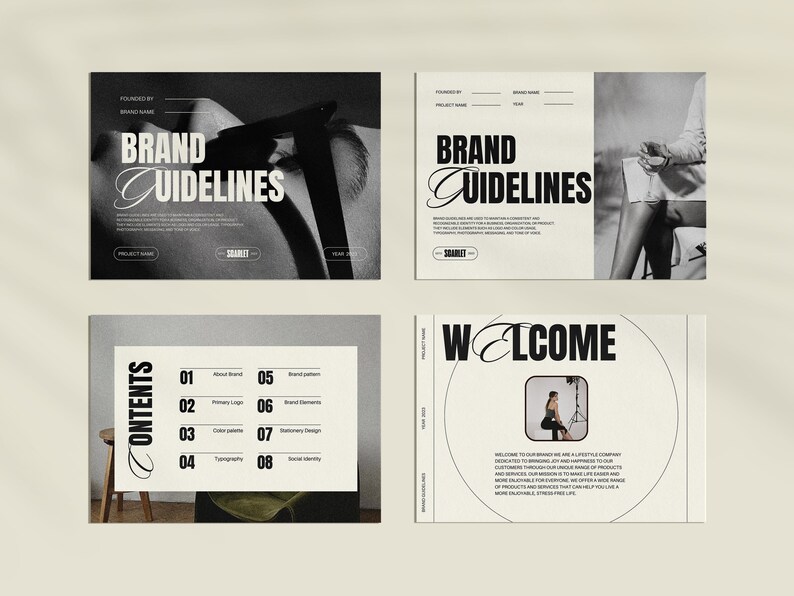 May include: A black and white brand guideline document with the title "Brand Guidelines" and a table of contents listing topics such as "About Brand", "Primary Logo", "Color Palette", "Typography", "Brand Pattern", "Brand Elements", "Stationery Design", and "Social Identity".