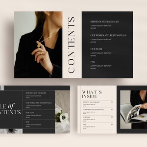 May include: A black and white table of contents page with the text "TABLE of CONTENTS" in large white letters. The page is divided into sections with headings such as "SERVICES AND PACKAGES", "OUR WORKS AND TESTIMONIALS", "OUR TEAM", and "FAQ".
