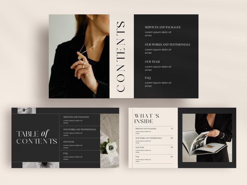 May include: A black and white table of contents page with the text "TABLE of CONTENTS" in large white letters. The page is divided into sections with headings such as "SERVICES AND PACKAGES", "OUR WORKS AND TESTIMONIALS", "OUR TEAM", and "FAQ".