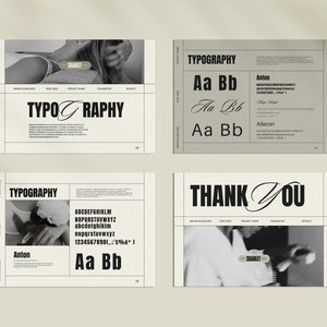 May include: A black and white image of a typography guide with the word "TYPOGRAPHY" in bold, followed by the text "Anton" and a sample of the font in uppercase and lowercase letters. The guide also includes the text "THANK YOU" in a bold, handwritten font.