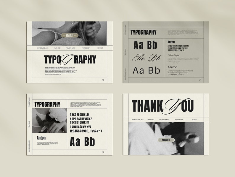 May include: A black and white image of a typography guide with the word "TYPOGRAPHY" in bold, followed by the text "Anton" and a sample of the font in uppercase and lowercase letters. The guide also includes the text "THANK YOU" in a bold, handwritten font.