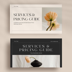 May include: Two black and white cards with the text "SERVICES & PRICING GUIDE" on a beige background. The top card features a photo of two peach-colored flowers. The bottom card features a photo of a single peach-colored flower in a black vase.