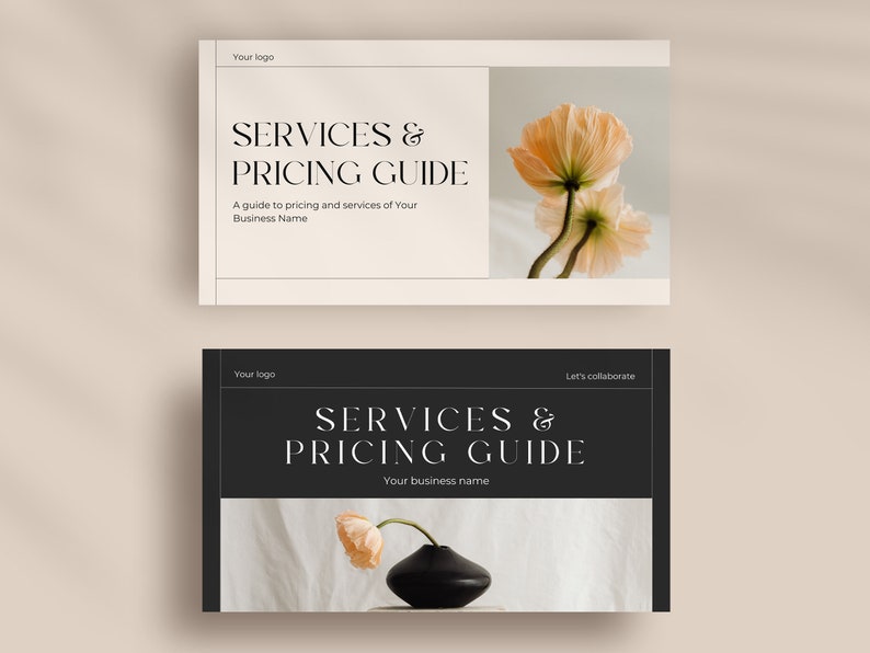 May include: Two black and white cards with the text "SERVICES & PRICING GUIDE" on a beige background. The top card features a photo of two peach-colored flowers. The bottom card features a photo of a single peach-colored flower in a black vase.