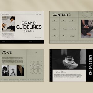 May include: A brand guideline document with the title "Brand Guidelines" and the name "Borcelle" in a black and white color scheme. The document includes sections for voice, messaging, and contents. The document features a geometric pattern with overlapping circles.