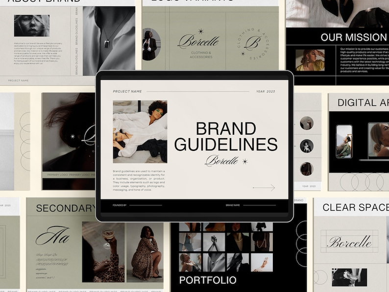 May include: A digital brand guideline document with a black and white color scheme. The document includes a logo, text, and images. The text includes the words "Brand Guidelines" and "Borelle". The images include a woman wearing a white shirt, a woman wearing a leopard print dress, and a woman wearing a black dress.