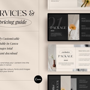 May include: A digital marketing services pricing guide template with a black and white color scheme. The template features a floral design and text that says "SERVICES & pricing guide", "Fully Customizable", "Editable in Canva", "26 pages total", "Instant download", "01 PACKAGE $500", "exclusive PACKAGE $1600", and "WHAT YOU'LL GET:".