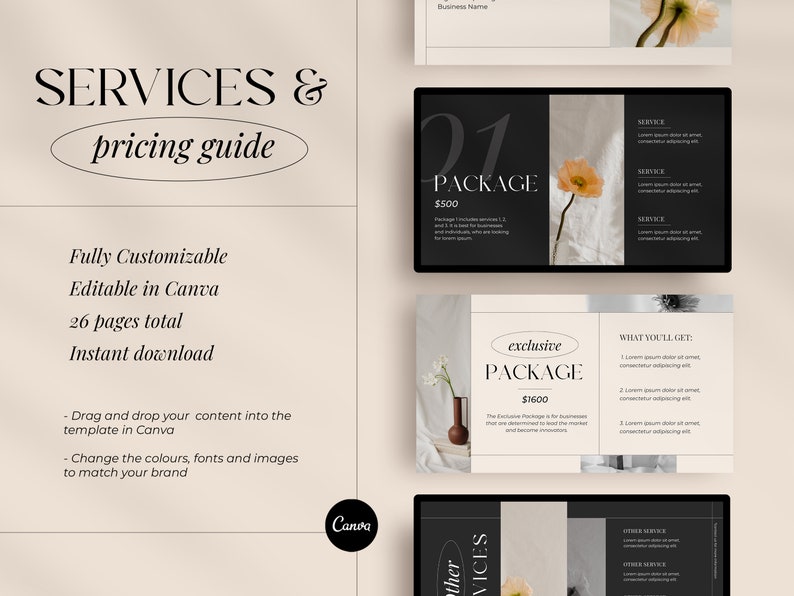 May include: A digital marketing services pricing guide template with a black and white color scheme. The template features a floral design and text that says "SERVICES & pricing guide", "Fully Customizable", "Editable in Canva", "26 pages total", "Instant download", "01 PACKAGE $500", "exclusive PACKAGE $1600", and "WHAT YOU'LL GET:".