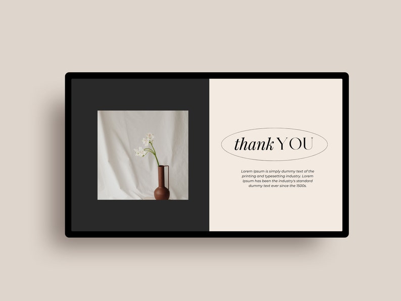 May include: A thank you card with a white background and black text. The text says "thank YOU" in a circle. The card also has a small image of white flowers in a brown vase.