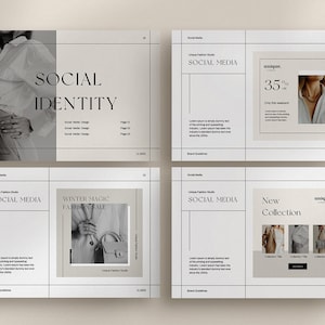 May include: Four social media post templates for a fashion brand. The templates feature a minimalist design with black and white images and text. The text includes "Social Identity", "Social Media", "Winter Magic Fashion Sale", "New Collection", and "35% off".