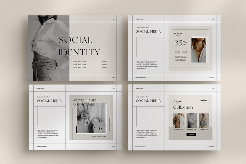 May include: Four social media post templates for a fashion brand. The templates feature a minimalist design with black and white images and text. The text includes "Social Identity", "Social Media", "Winter Magic Fashion Sale", "New Collection", and "35% off".