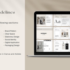Editable brand style guide presentation featuring stationery, social media, digital applications, packaging, and logo guidelines.