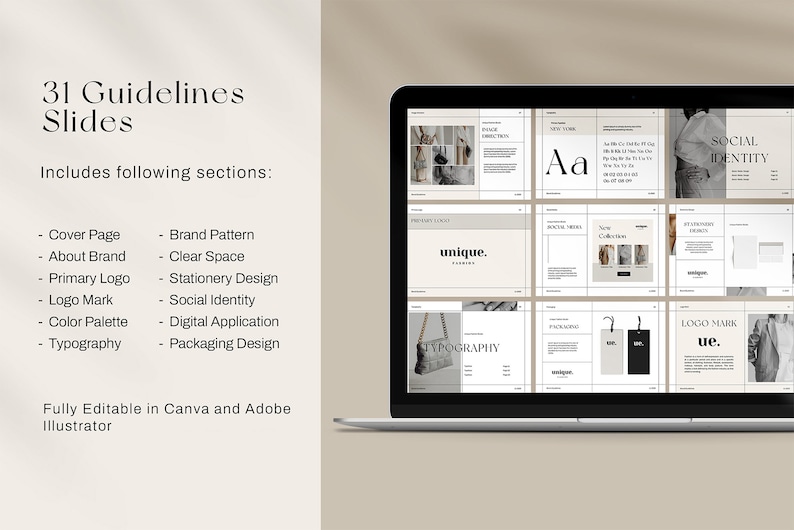 Editable brand style guide presentation featuring stationery, social media, digital applications, packaging, and logo guidelines.