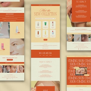 以下が含まれることがあります： 美容ブランドのウェブサイトのホームページ。カウントダウンタイマー、製品画像、および「Meet the New Collection」と「What to Expect」というテキストが表示されています。