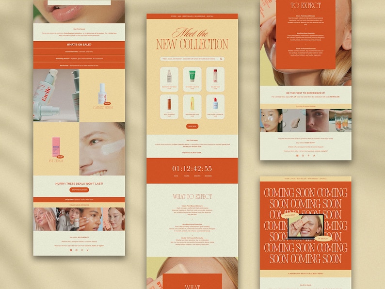 以下が含まれることがあります： 美容ブランドのウェブサイトのホームページ。カウントダウンタイマー、製品画像、および「Meet the New Collection」と「What to Expect」というテキストが表示されています。