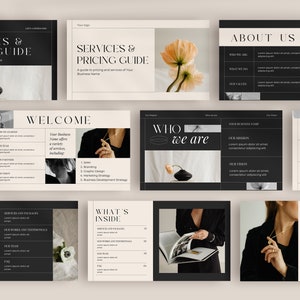 May include: A presentation template with a black and white color scheme. The template includes a welcome slide, a slide about services and pricing, a slide about the company, and a slide with a table of contents. The template also includes images of flowers, a vase, and a woman.