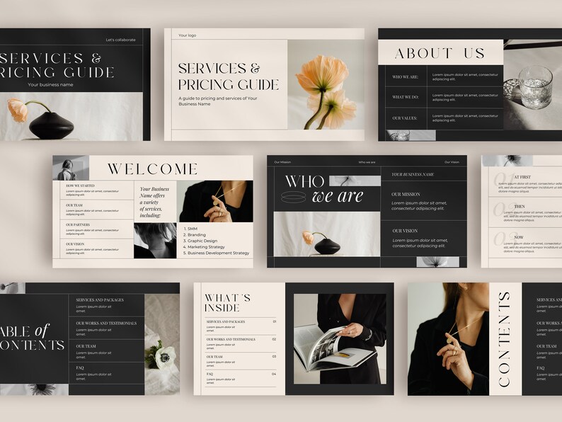 May include: A presentation template with a black and white color scheme. The template includes a welcome slide, a slide about services and pricing, a slide about the company, and a slide with a table of contents. The template also includes images of flowers, a vase, and a woman.