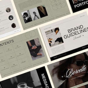 May include: A presentation slide with the title "Brand Guidelines" and the brand name "Borcelle" in a handwritten font. The slide is beige with black text and a black arrow pointing to the right. The brand name is also featured in a black and white logo with the text "Clothing & Accessories".