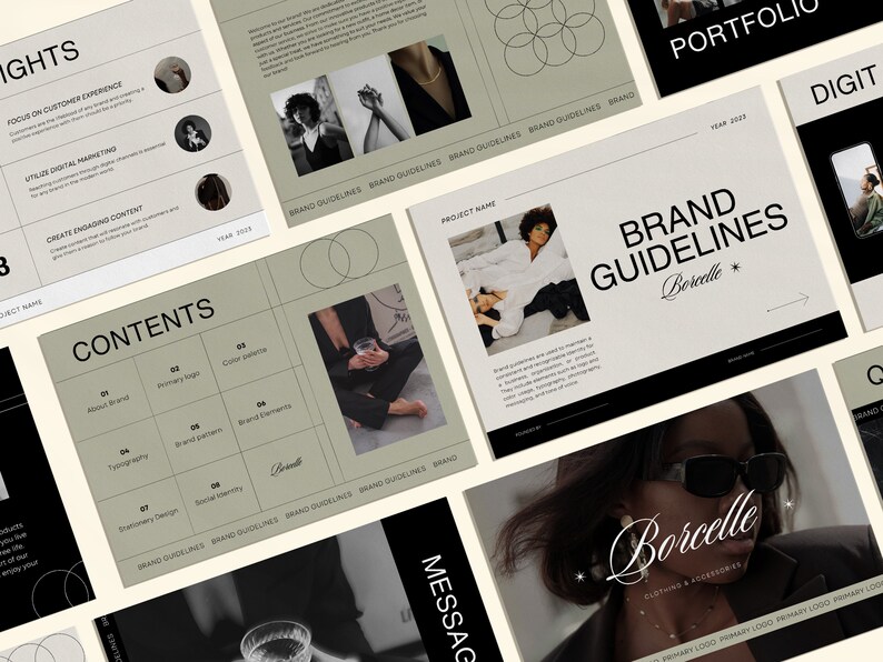 May include: A presentation slide with the title "Brand Guidelines" and the brand name "Borcelle" in a handwritten font. The slide is beige with black text and a black arrow pointing to the right. The brand name is also featured in a black and white logo with the text "Clothing & Accessories".