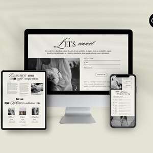 May include: A website mockup for a photography studio, showcasing a black and white photo of a couple with a bouquet of flowers. The website includes a contact form, a gallery of engagement and wedding photos, and a blog post about engagement inspiration.