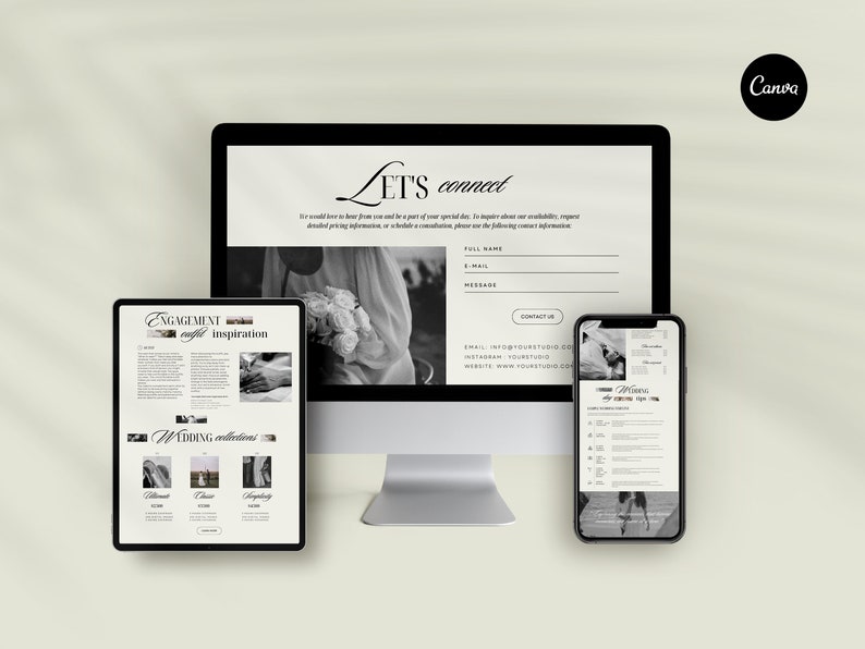 May include: A website mockup for a photography studio, showcasing a black and white photo of a couple with a bouquet of flowers. The website includes a contact form, a gallery of engagement and wedding photos, and a blog post about engagement inspiration.