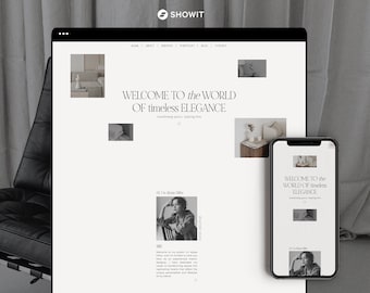 Peut inclure: Capture d'écran d'un site web présentant un design minimaliste avec un schéma de couleurs noir et blanc. Le site web affiche un message de bienvenue, "WELCOME TO the WORLD OF timeless ELEGANCE", et une photo d'une femme. Le texte "Hi I'm Alyssa Dillon" est également visible sur le site web.